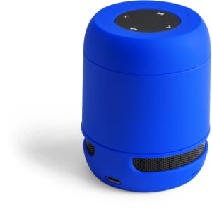 A blue portable speaker with a rounded design, featuring control buttons and a mesh speaker grill at the base.