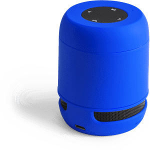 A round, blue speaker with a control panel on top and a mesh grille at the bottom, featuring a branding logo.