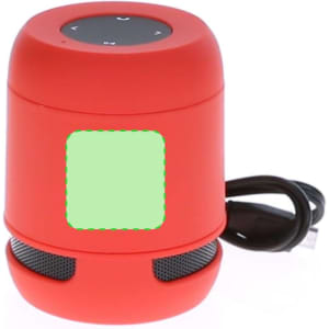 A red Braiss speaker with a rounded design and a control panel on top, featuring a logo and a cable.