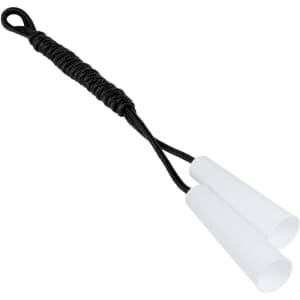 A skipping rope with black braided handles and white plastic ends. It features a looped handle for grip.