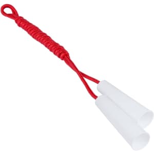 A red skipping rope with white handles, featuring a braided grip for comfort. Ideal for leisure and outdoor activities.