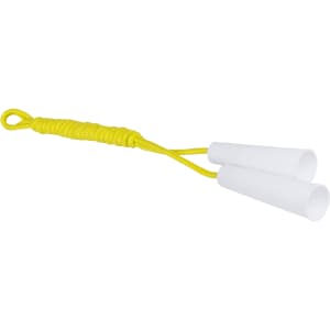 A yellow skipping rope with white handles, featuring a braided grip and a looped end for easy holding.