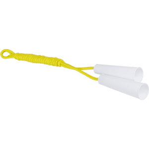 A skipping rope with white handles and bright yellow rope. It features a loop for easy grip.