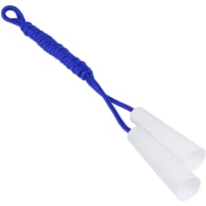 A blue skipping rope with white handles, featuring a braided grip and a looped end for easy handling.