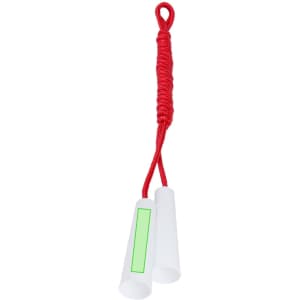 A skipping rope featuring a red handle and white plastic ends, with a logo on the handle.
