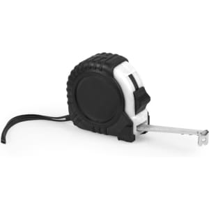 A black and white 5m tape measure with a textured grip and a metal hook on the end, featuring a logo.