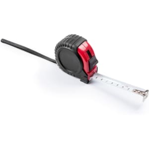 A tape measure with a black casing and red accents, featuring a retractable measuring tape.