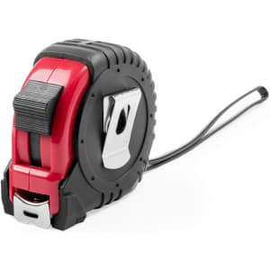 A red and black tape measure with a sturdy casing and a metal hook for measurements.