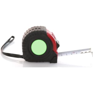 A red and black tape measure with a rubber grip, featuring a green circular area and a retractable measuring tape.