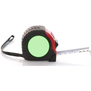A red and black tape measure with a rubber grip, featuring a measuring tape extended from the casing.