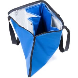 A blue cooler bag with a silver insulated interior and two compartments, featuring sturdy black handles.