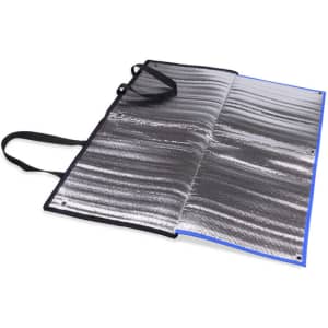 A cooler bag with a sleek metallic interior, featuring black and blue accents, and two sturdy handles.