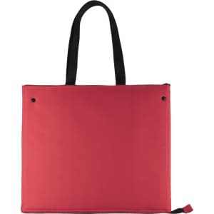 A red cooler bag with black straps and a simple design, featuring a branding logo.