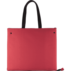 A red cooler bag with black handles, featuring a simple design and no visible branding.