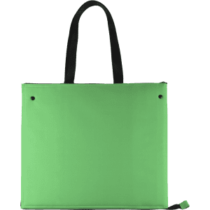 A green cooler bag with black handles and eyelet holes at the top for easy carrying. It features a logo.