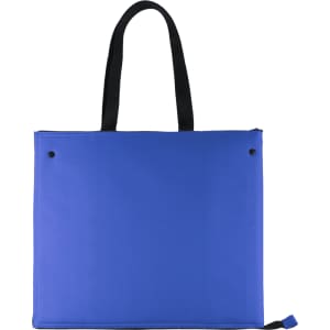 A blue cooler bag with black handles and a zip closure. It features a simple design with a logo.