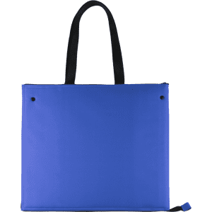 A blue cooler bag with black handles, featuring holes for ventilation and a smooth surface.
