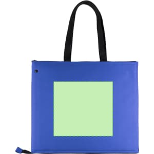 A blue cooler bag with black handles and a plain green square area, featuring a logo.