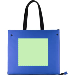 A blue cooler bag with black handles and a blank light green square area on the front, featuring a branding logo.
