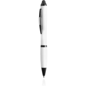 A white Lombys Stylus Touch Ball Pen with black accents and a logo on the barrel.