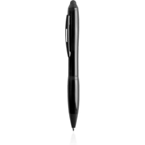 A black stylus touch ball pen with a sleek design and a built-in stylus tip. It features a clip for easy attachment.