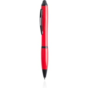 A red Lombys Stylus Touch Ball Pen featuring a black stylus tip and a sleek design.