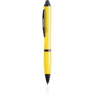 A yellow Lombys Stylus Touch Ball Pen with a black clip and tip, featuring a logo.