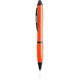 An orange ballpoint pen with a stylus tip and black accents, featuring a clip and a branded logo.