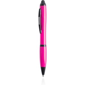 A pink stylus touch ball pen with a black clip and tip, featuring a sleek design and a branding logo.