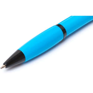A blue Lombys Stylus Touch Ball Pen with a black tip and band, featuring a logo.