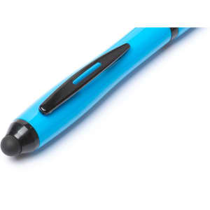 A blue stylus touch ball pen with a black clip and tip, featuring a sleek design and smooth finish.