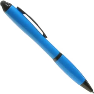 A blue ballpoint pen with a black clip and stylus tip, featuring a sleek design and branding.