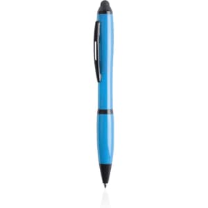 A blue stylus touch ball pen with a sleek design and a clip. It features a black tip and a logo.