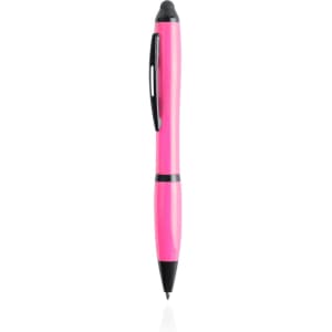 A pink Lombys Stylus Touch Ball Pen with a black tip and accents, featuring a logo.