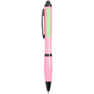 A pink Lombys Stylus Touch Ball Pen with a black clip and a stylus tip. Features a branding logo.