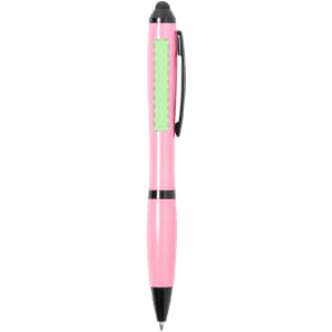 A pink stylus touch ball pen with a black clip and a green accent. It features a branding logo.