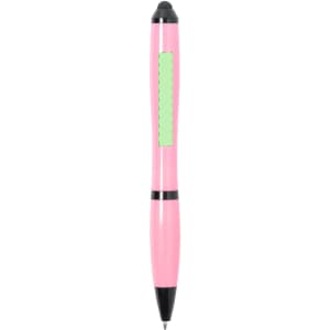 A pink Lombys stylus touch ball pen with a black grip and a stylus tip at the top. It features a branding logo.