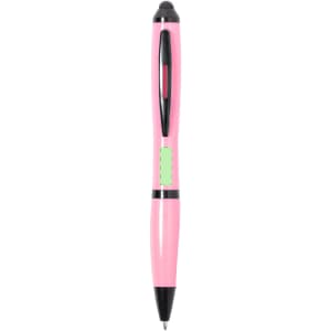 A pink Lombys Stylus Touch Ball Pen with a black grip and tip, featuring a logo on the barrel.