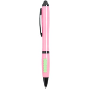 A pink Lombys Stylus Touch Ball Pen with black accents and a green section, featuring a stylus tip.
