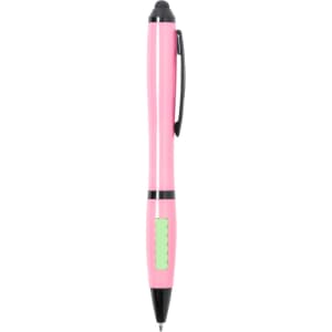 A pink Lombys Stylus Touch Ball Pen with a black tip and clip, featuring a green accent. It includes a logo.