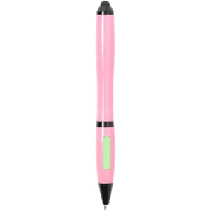 A pink Lombys Stylus Touch Ball Pen with a black accent and a green area, featuring a logo on the side.