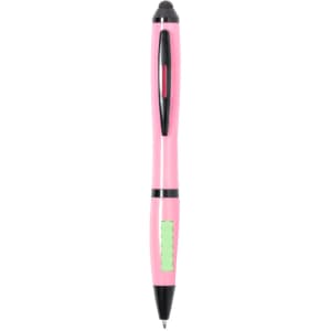 A pink Lombys Stylus Touch Ball Pen with a black trim and a green accent. It features a stylus tip for touchscreens.