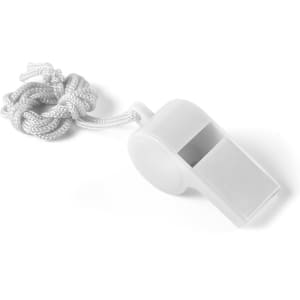 A white whistle attached to a silver cord, designed as a novelty item for fun and games.