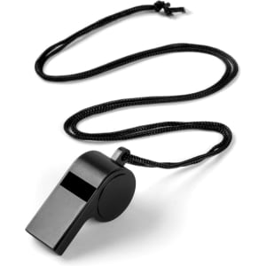 A black whistle on a cord, featuring a sleek design, perfect as a novelty item.