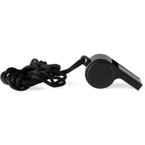 A black whistle with a black cord, designed for novelty use and featured in the Fun & Games category.