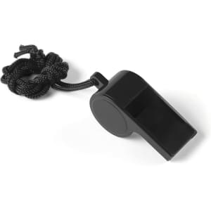 A black whistle with a lanyard attached for easy carrying, designed as a novelty item.