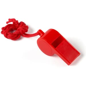 A red whistle with a textured surface, attached to a red lanyard for easy carrying.