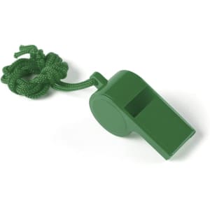 A green whistle with a textured surface and attached cord. It has a circular body and a classic whistle shape.