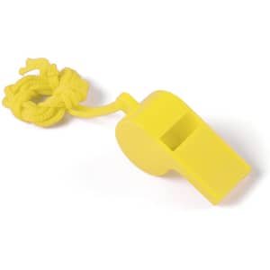 A bright yellow whistle with a knotted yellow cord for hanging. It features a simple design and a branding logo.