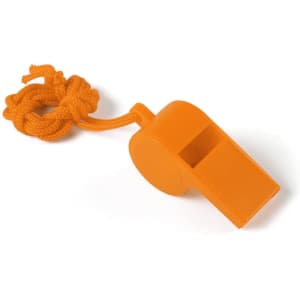 An orange whistle with a attached cord, featuring a circular design and a mouthpiece for producing sound.